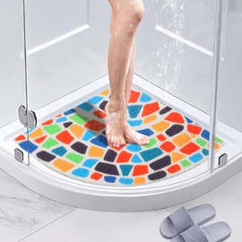 BWBIKE Loofah Corner Shower Mat Non-Slip Anti Mould Bath Mat 60 x 60 cm, Shower Mats for Indoor Outdoor Shower Quadrant Bath Mats with Drain Washable Sector Bath Mat for Bathroom Floor