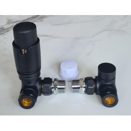 Team Controls Matt Black Corner TRV Thermostatic Radiator Valves Angled Set Pair 15mm x 1/2''
