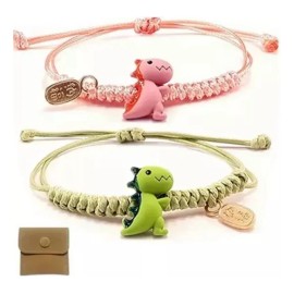 Set 2 Pulseras Ajustables Dinosaurios Verde Rosa Pareja Amistad