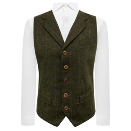 King & Priory Juniper Green Herringbone Check Waistcoat with Lapel - M