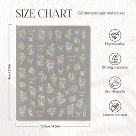 Flower Butterfly Nail Art Stickers 3D Colorful Tulips Thin Nail Decals Self-Adhesive Spring Summer Manicure Accessories for Women Manicure Art Supplies Charms Decoration