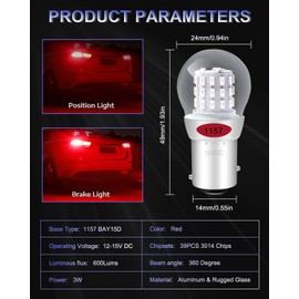 Alopee 12-15V DC 1157 LED Bulb Red 2057 LED Bulb 7528 LED Bulb 2357 LED Bulb 33SMD 2835Chip Replacement for LED 1157 Tail/Brake Light Bulb Pack of 2