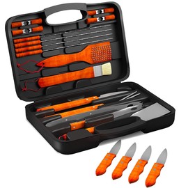 Home-Complete 4326466051 BBQ Grill Tools Set with Wood Handles & Knives Set-22 Stainless Steel Barbecue Accessories with Wooden Handles, Case,4 Steak Knives, Spatula, Tongs, 22 pc