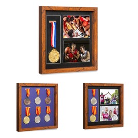 IHEIPYE Medal Display Shadow Box - Single Medal Display case - Perfect Medal Display for Runners, Marathon, Race Winner,Soccer, Gymnastics & All Sports Walnut,12x12