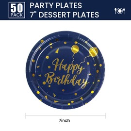 AHPYEUHK Paper Plates Pack of 50 Party Plates 17.8 cm Party Tableware Set Children's Birthday Disposable Tableware Perfect for Parties and Celebrations (Blue Gold)