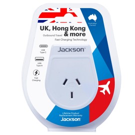 Jackson AUS - UK & HK USB-A & USB-C Travel Adapter, White