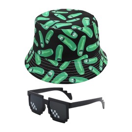 ZGDEIWGF 1 Piece Double Sided Bucket Hat, 1 Piece Sunglasses, Summer Sun Hat, Fishing Hat, Outdoor Travel Hat, Unisex Creative Bucket Hat, black green
