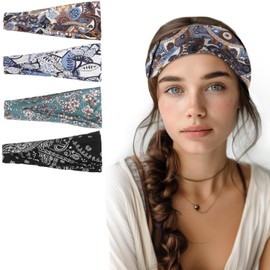 HAKUKU Diademas Deportivas 4 Piezas, Diademas Ejercicio para Mujer Yoga, Diadema Elástica Suave Que Absorbe el Sudor, Bohemia Adecuada para Hombres y Mujeres Deportes de Corriendo