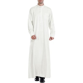 YAOHUOLE Men's Button Up Long Sleeve Robe Side Split Kaftan Summer Thobe with Pockets Off White 2XL