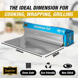 Superior Heavy Duty Kitchen Foil - 30cm x 50m - Non-Stick Aluminium Foil with Built in Cutting Edge - Ideal Tin Foil Roll for Food Storage Cooking Grilling, Roasting