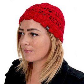 Hand Knit Crochet Beanies for Women Breathable Soft Bamboo Cotton Cooling Sleep Chemo Cap Handmade (Red-ShellStich)