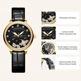 BLACK BY BLUE BRAVE Women Watches Black Dial Moving Bees with Genuine Leather Strap Watches for Women Water Lily Womens Watch