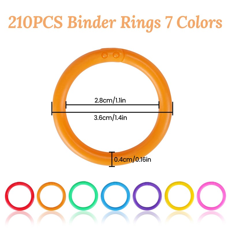 QUMENEY 210 Pcs Plastic Binder Rings Colorful Loose Leaf Hoop