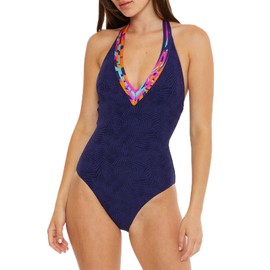 Trina Turk Women's Standard Daintree One Piece Swimsuit, Plunge Neck, Bathing Suits, Navy