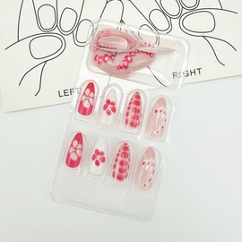 24pcs Red White Almond Shape Fake Nails Flower French Tip Press on Nails Leopard Print Medium False Nails Full Cover Acrylic Nails for Women Summer Manicure Supplies