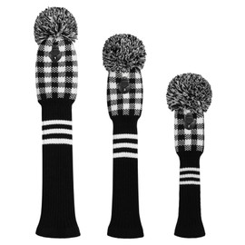 Scott Edward Knitted Golf Club Head Covers for Woods 3Pcs Set Golf Driver (460CC) Fairways and Hybrid/UT with Rotating Number Tags(Black White Gingham)