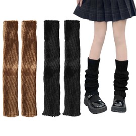 TOOINKCV 2 Pairs Knitted Leg Warmers for Women Ladies, 80s Women Leg Warmers, Winter Boot Cuffs Warm Knee Warmers for Girls, Kawaii Crochet Legwarmers Knee Socks(Khaki Black, 40cm)