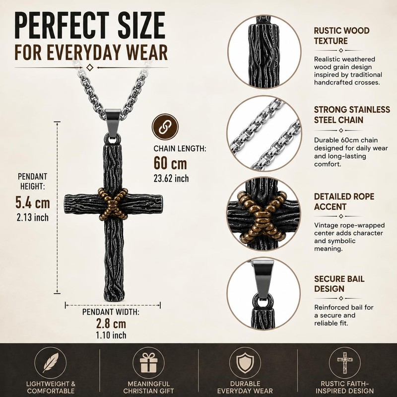 Rustic Cross Pendant Necklace, Stainless Steel Christian Faith Jewelry for