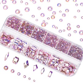 Nail Art Rhinestones Kit Round Flat Back Rhinestones Multi Shape Nail Gems Nail Crystals Diamonds Jewelry Rhinestones for Nail Design DIY Crafts Decoration（Pink AB）