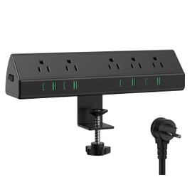 45W Fast Charging Station,Desk Clamp Power Strip,4 PD USB-C Ports,5 AC Outlets,Surge Protector Power Strip, 14AWG Heavy Duty Cord, Fits 1.9" Tabletop Edge (Black, 10 FT Cable)