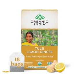 Organic India Tulsi Lemon Ginger Herbal Tea - Holy Basil, Stress Relieving & Reviving, Immune Support, Aids Digestion, Vegan, USDA Certified Organic, Non-GMO, Caffeine-Free - 18 Infusion Bags, 1 Pack