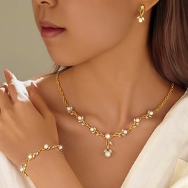 Pearl Jewelry Set Dainty 14K Gold Plated Pearl Necklace and Earring Set With Earrings Bracelets Choker Necklace Allergy Free Wedding Party Jewelry for Bridal Bridesmaid Gift (pearl necklace set 2)
