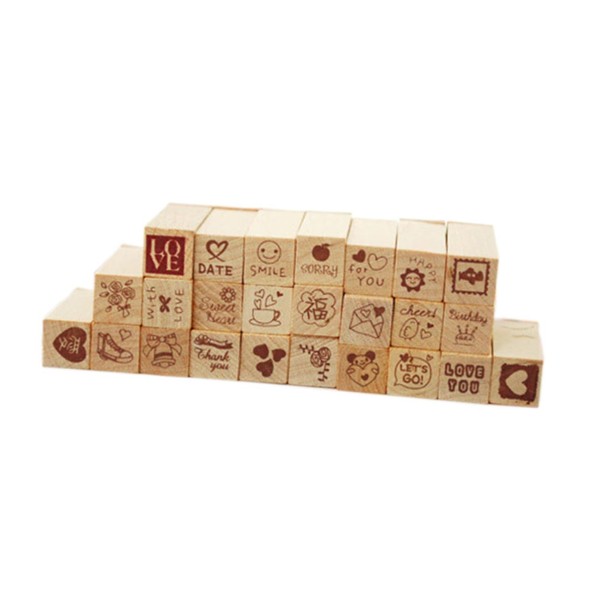 Operitacx 25-Piece Cute Korean Style Wooden Diary Stamp Set Ink