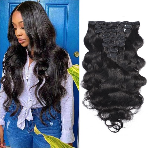 Human Hair Clip In Hair Extensions Body Wave for Black Women 18 Inch 10A Grade Unprocessed Soft Silky Human Hair Natural Black 1b# Clip Ins 135g/set 8Pcs 18 Clips