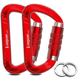 Lorsum Auto Locking Carabiner Clips Heavy Duty, 12KN /1227kg Lightweight (1.0oz), Sturdy Twist Lock Caribeeners for Camping Hiking Hammock Swing Backpack, Dog Leash and Harness etc, 2 Pack Red