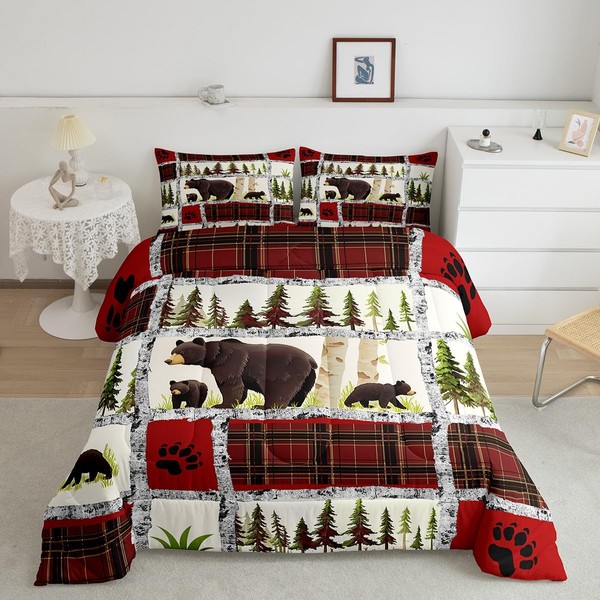 Feelyou Kids Adult Rustic Cabin Comforter Set,Farmhouse Rustic Bear Bedding