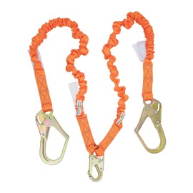 Malta Dynamics 4.5' to 6' Fall Protection Double Leg Stretch Internal Shock Absorbing Lanyard with One Steel Snap Hook and Two Rebar Hooks, OSHA/ANSI Compliant