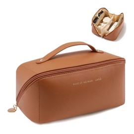 CCAIPU Travel Makeup Bag, Large Capacity Cosmetic Bags for Women PU Leather Waterproof Toiletry Bag Portable Pouch Open Flat Make up Bag with Handle (Brown)