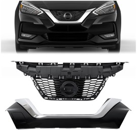 HECASA Grille Assembly Compatible with 2020-2021 Nissan Versa S Sedan 623105EF0A 620705EE0A ABS Plastic Black+Silvery Painted+Chrome Replacemant