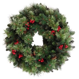 Senjie Artificial Christmas Wreath with Pine Cones and Red Berries,24 Inch Xms Decorations Unlit