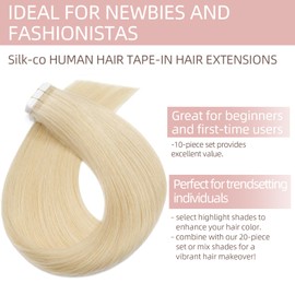 Silk-co Tape on Hair Extensions 14inch Real Remy Invisible Glue Straight Human Hair Extension Tape in Skin Weft 10 Pcs #613 Bleach Blonde