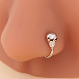 Yheakne Punk Skull Nose Ring Gold Skull Nose Cuff Tiny Septum Nose Rings U Shaped Clip On Nose Stud Hoop Nose Piecing Jewelry for Women (Silver)