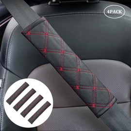4PCS Juttzzei Seat Belt Pads, Comfort Car Seat Belt Cover, Upgraded PU Leather Seat Belt Covers for Kids and Adults, Car Seat Strap Pads for Sedan SUV Trucks -Red Stitching