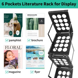PUJIANG Folding Literature Rack, 6 Pockets Metal Brochure Holder Stand Floor Standing Magazine Rack，Double-sided Display Flyer Holder Stand Literature Stand for Trade Show Office Store Home