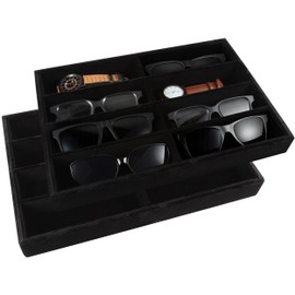 Mornajina 2 Pieces Sunglasses Organizer Storage Holder Sunglasses Stackable Jewelry Trays Eyeglass Organizer for Multiple Glasses, Velvet Jewelry Display Tray for Women Men (Black, 8 Grids)