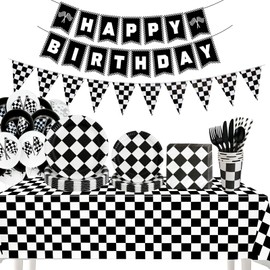196Pcs Black White Checkered Race Car Party Supplies for 24 Guests