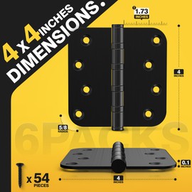 KOLET Ball Bearing Door Hinges, 4 x 4 Inches Black Door Hinges, Heavy Duty Stainless Steel Hinges, 5/8'' Radius Corner, Smooth and Quiet, Non Removable Pin, Matte Black, 6 Pack
