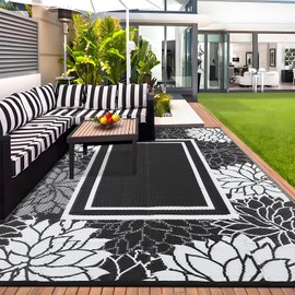 GarveeHome Outdoor Rug 8x10 Waterproof Patio Rug Reversible Camping Rugs Plastic Straw Mat for Picnic Balcony Deck Backyard Beach Trailer, Black/White(Flower)