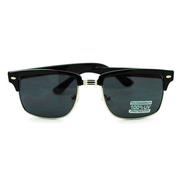 Classic Half Rim Clubmaster Rectangular Horned DJ Sunglasses - Black