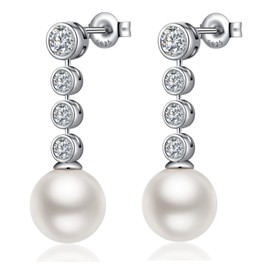 Jiahanzb Sterling Silver 925 Round Cubic Zirconia Earrings for Women with Round Pearl 10 mm White/Light Grey/Dark Grey 10 mm, Sterling Silver, Cubic Zirconia