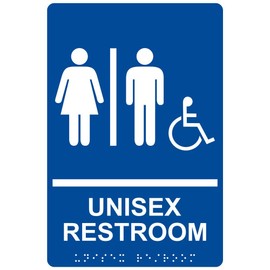 ComplianceSigns.com Accessible Unisex Restroom Sign, ADA-Compliant Braille and Raised Letters, 9x6 in. White on Blue Acrylic with Adhesive Mounting Strips