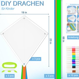 3 Piece DIY Dragon Craft Set, Dragon Craft Set with Dragon Sail, Dragon Tails, Kite Cord and Handle, Flying Kites for Painting Yourself for Boys and Girls, Creative Crafts