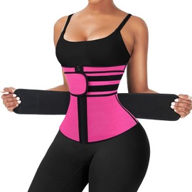 FeelinGirl Waist Trainer Belt Waist Cincher Trimmer Ab Belt Tummy Control Body Shaper 2 Belts Sport Girdle Corset 3XL Rose Red