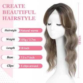 Lasunork Hair Toppers for Women Wavy Curly Hair Topper Hand-Tied Lace Clip in Fringe (Ombre Brown with Blonde Highlights)