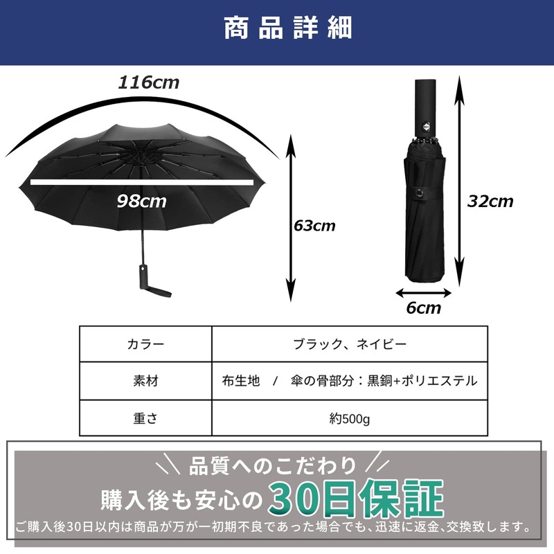 Men's Folding Umbrella, Parasol, Umbrella with 12 Ribs, Reinforced for