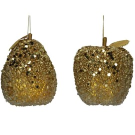 Gisela Graham Set of 2 Christmas Fruits 9cm - Gold Beaded Apple/Pear